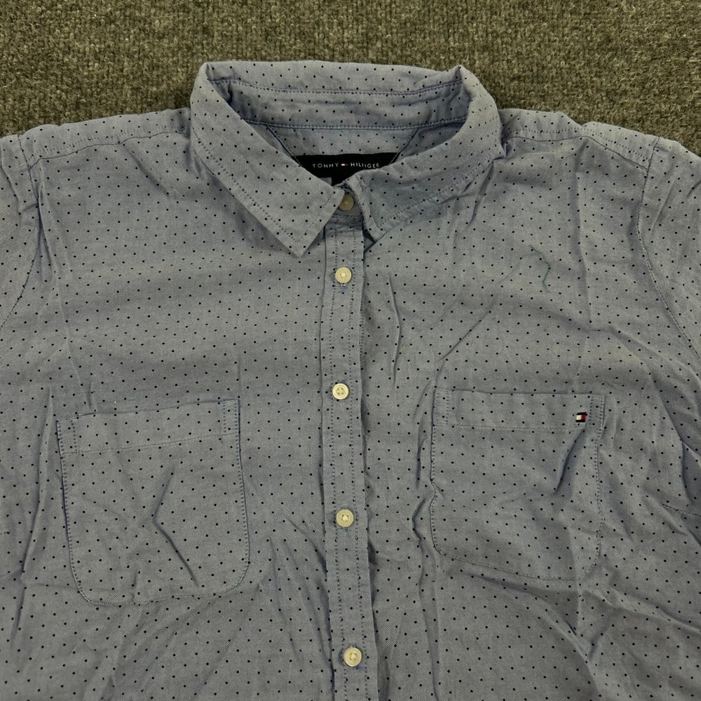 Tommy Hilfiger Shirt Womens Size 1X Blue Polka Dot Short Sleeve Cotton Casual